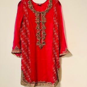 Pink Embellished Saree Tunic with Pants and Scarf